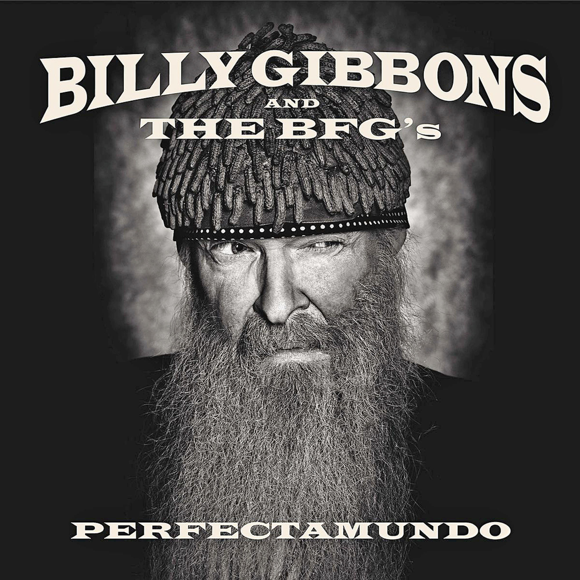 Schwarz-Weiß-Bild von Billy Gibbons mit langem Bart und dem Text 'Billy Gibbons and The BFG's'.
