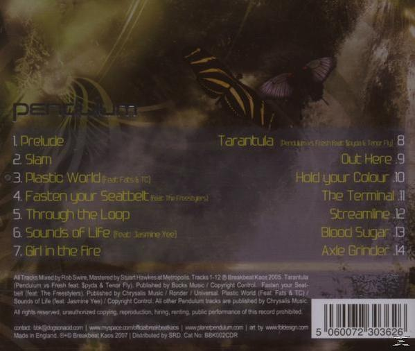 CD-Hülle mit Titelliste, Künstlername 'Pendulum' und Schmetterlingsbildern.