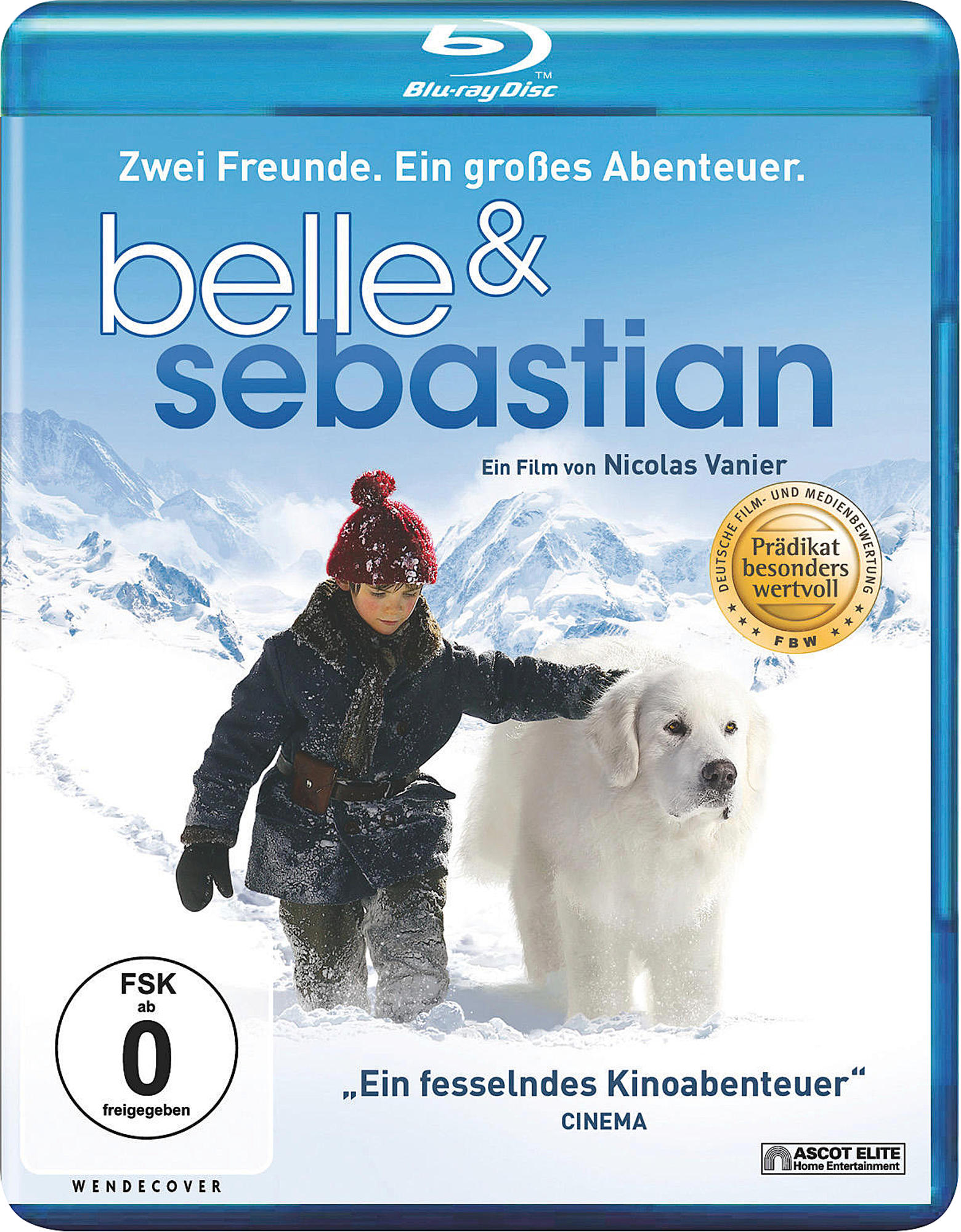 DVD-Cover für „Belle & Sebastian“. Ein Junge und ein Hund im Schnee. Blaue Hülle. Text: 2 Freunde, ein großes Abenteuer.