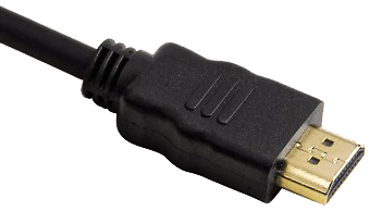 Een HDMI-kabel met zwarte plastic uiteinden en een goudkleurige metalen connector aan de rechterkant van de afbeelding.