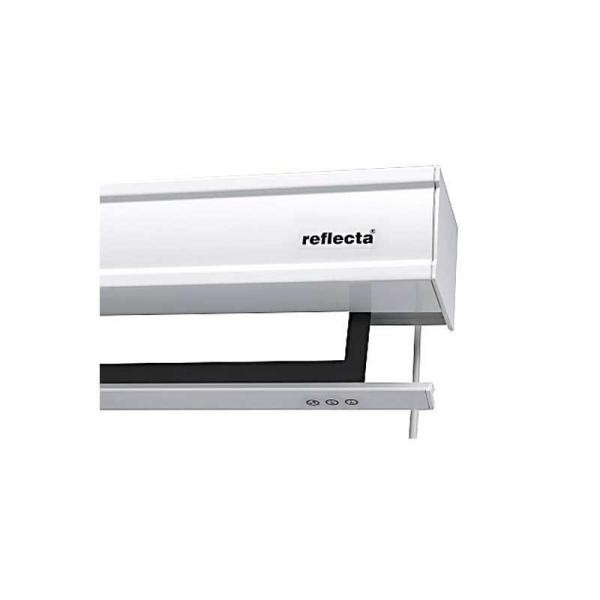 A white, extended projection screen roller box with a black screen.