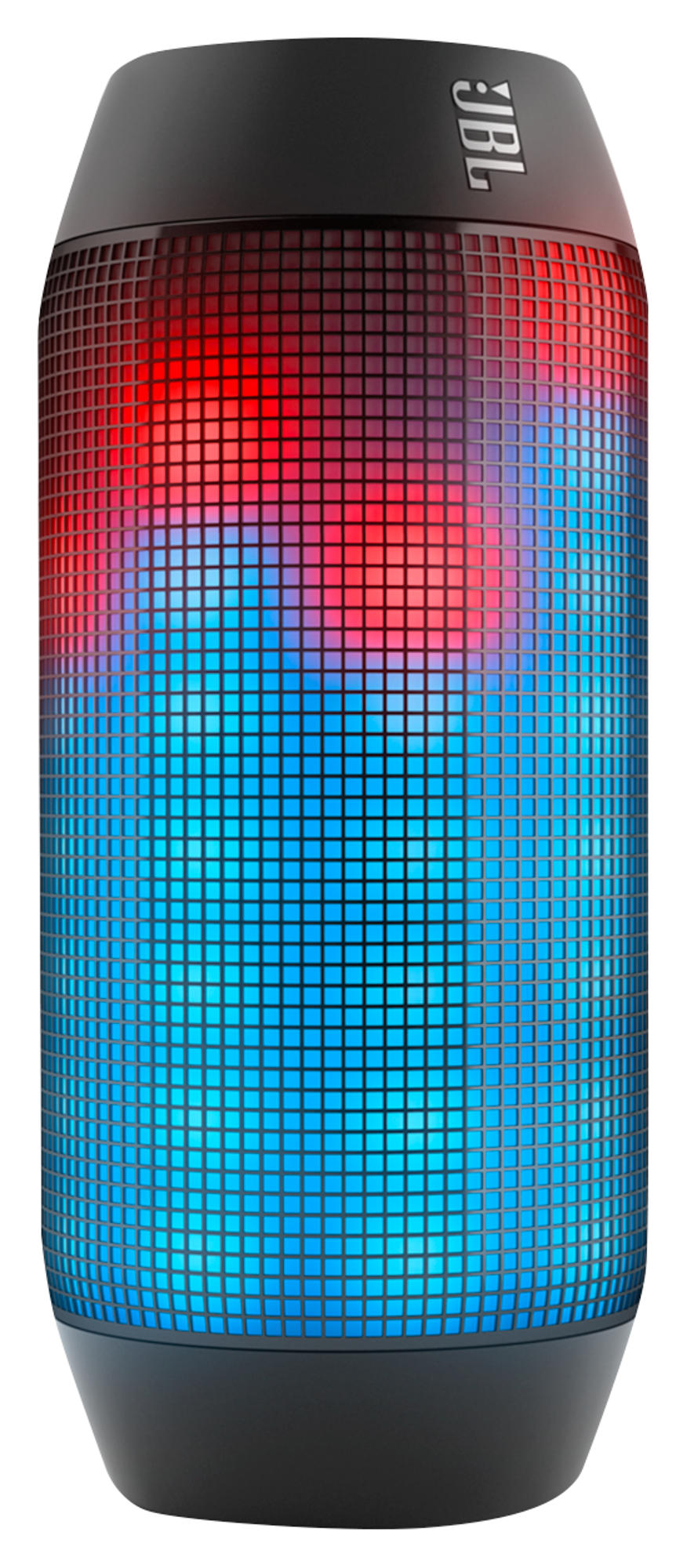 Głośnik cylindryczny, czarna podstawa i góra, z siatką kolorowych kwadratów, które się zapalają.