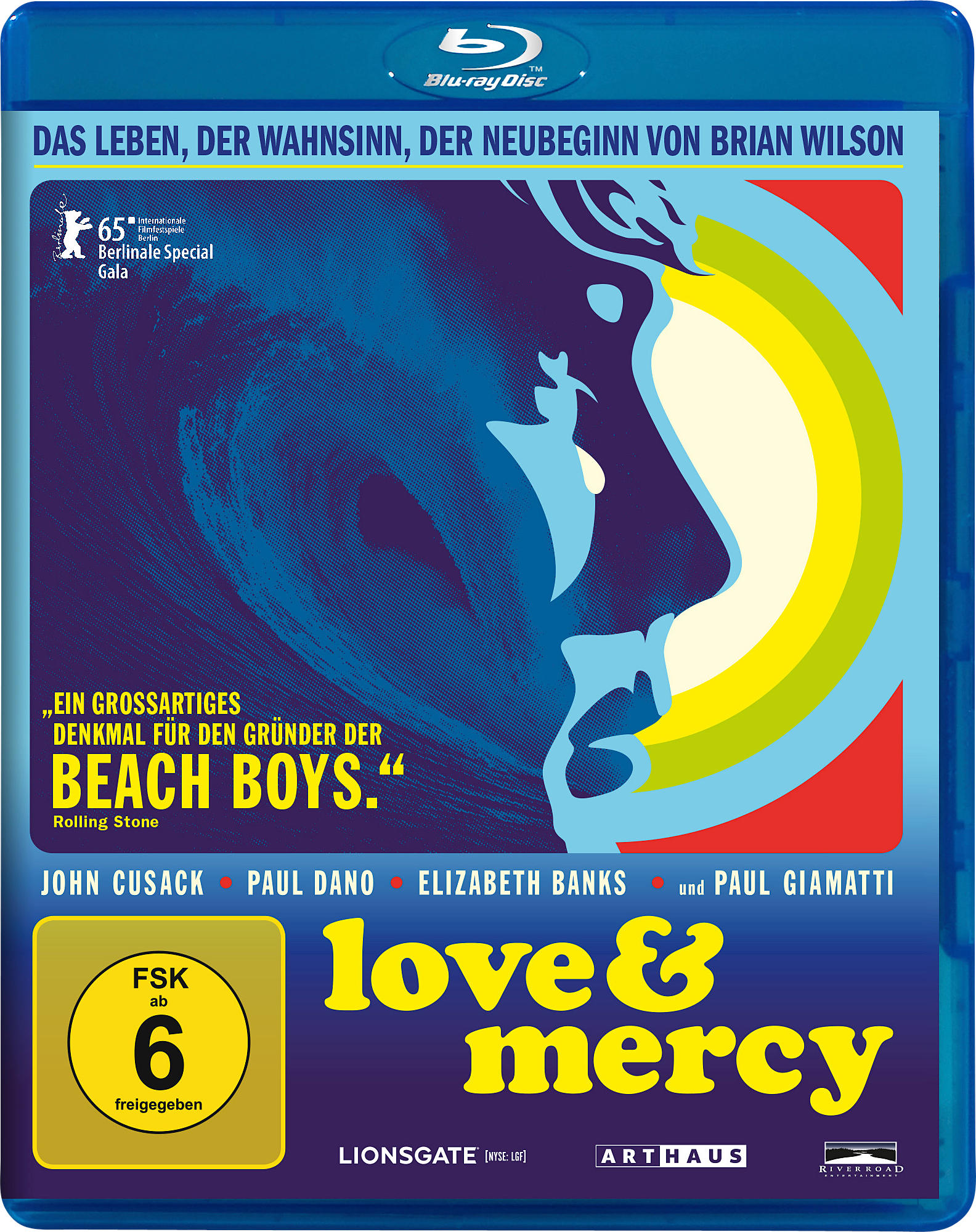 DVD-Cover für Love & Mercy, mit John Cusack. Blaues und gelbes Design mit Text.