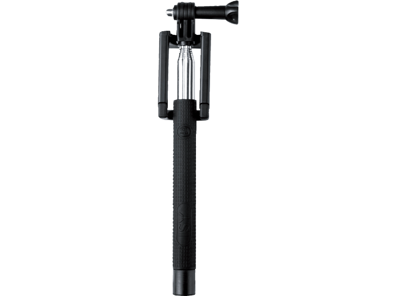 Een zwarte selfiestick opgevouwen, op een zwarte achtergrond.