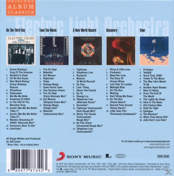 Rückseite einer CD mit einer Liste von Songs der Electric Light Orchestra.