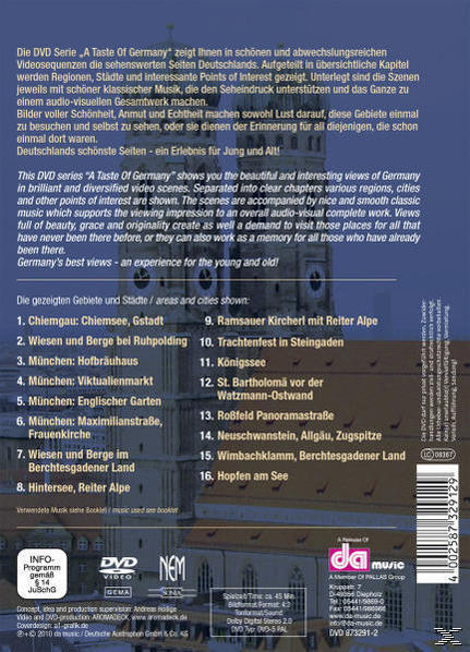 Rückseite einer DVD-Hülle, die eine Liste der in Deutschland zu besuchenden Städte zeigt.