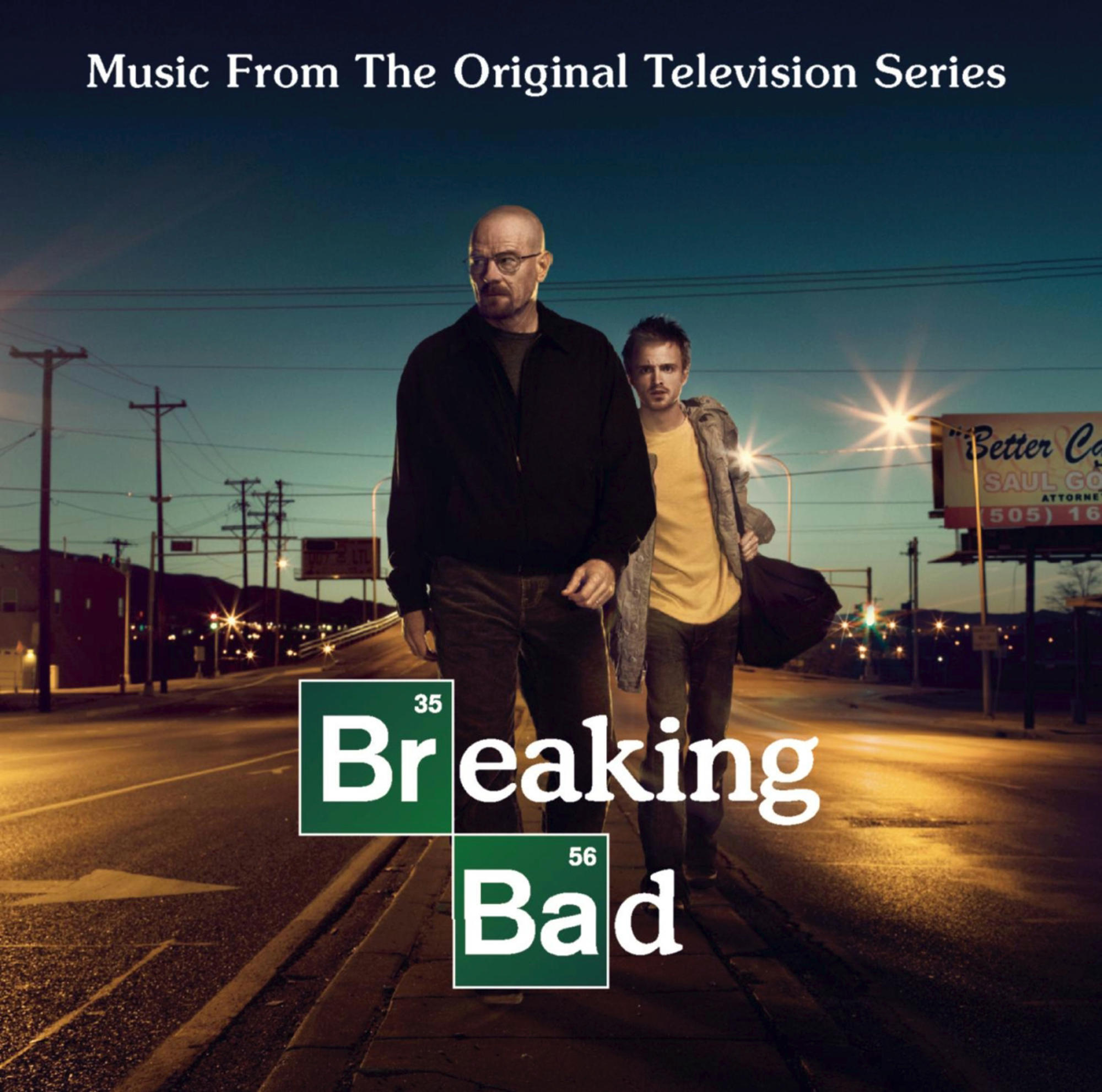 Filmposter für Breaking Bad. Zwei Männer gehen nachts eine Straße entlang. Titel in der Mitte.