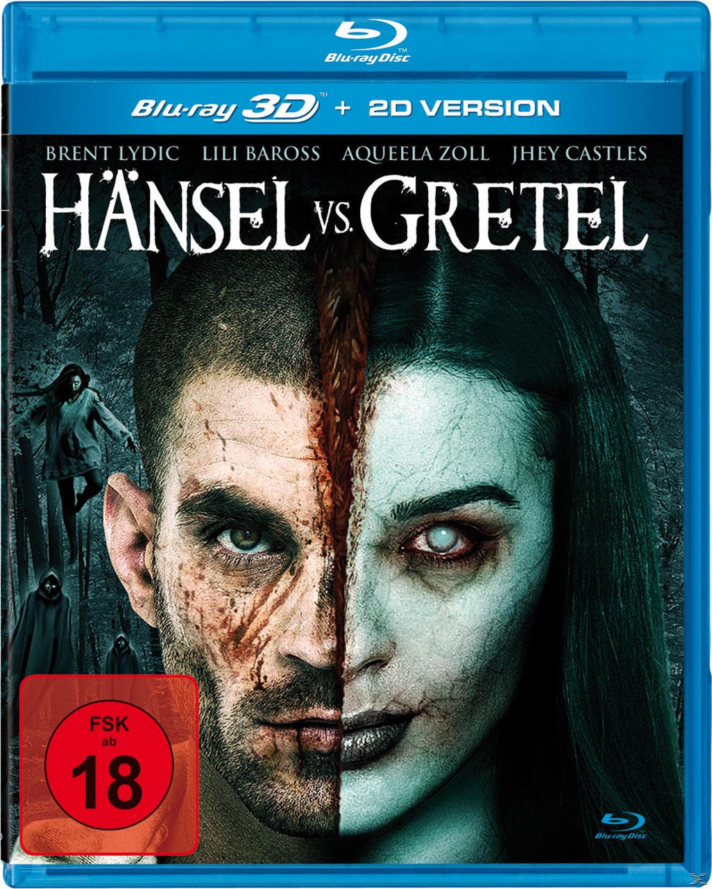 Blu-ray-Cover: Hänsel vs. Gretel, zwei Gesichter geteilt. Eine Seite zeigt einen Mann mit Narben, die andere eine Frau mit blassem Gesicht.