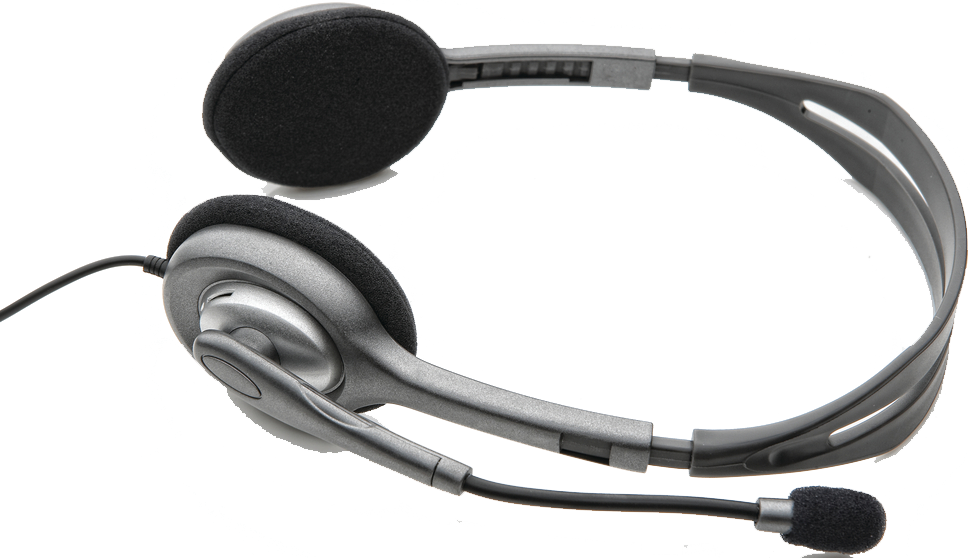 Grey headset with a microphone and earcups, against a white background.