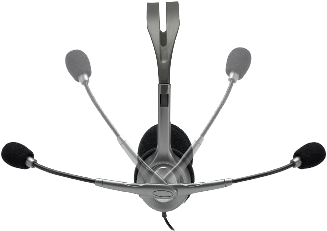 Headset: silver and black, with multiple microphones in different positions.