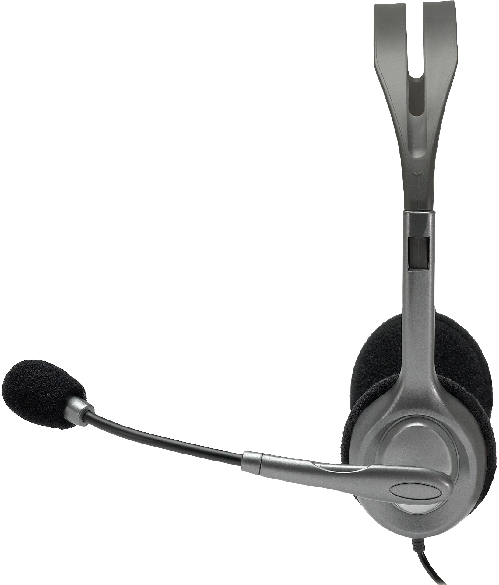 A gray headset with a microphone and ear pads, against a black background.