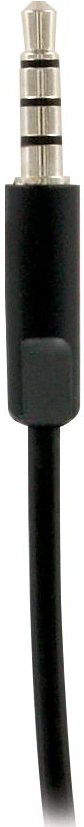 A close-up shot of a 3.5mm audio jack. It is made of black plastic with silver rings.