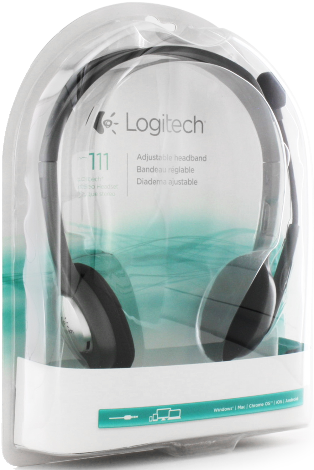 Headphones in a clear plastic package. The headphones are black with a silver accent.