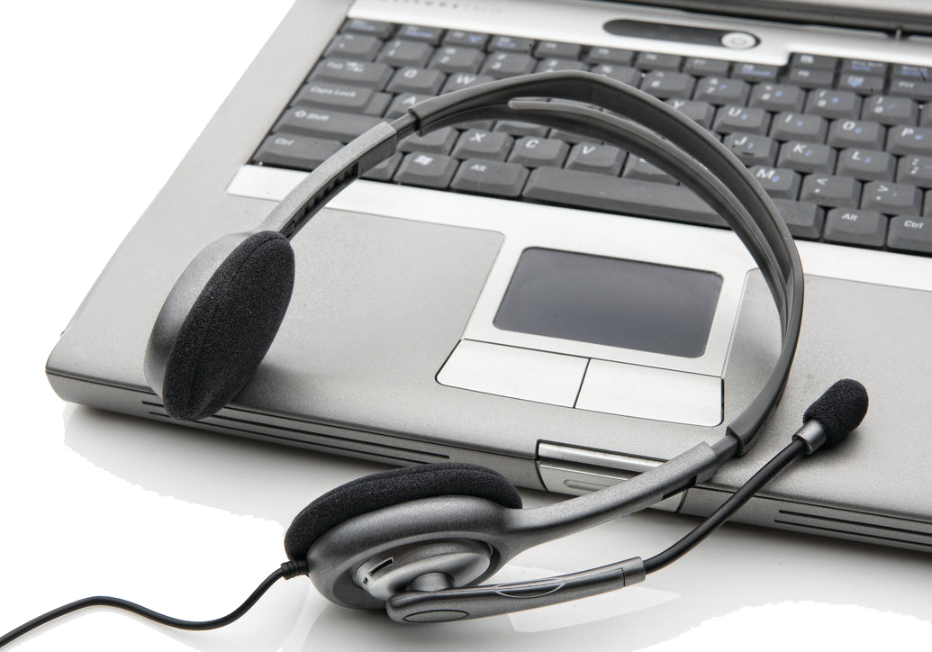 Headset on a laptop. The headset is black and gray.