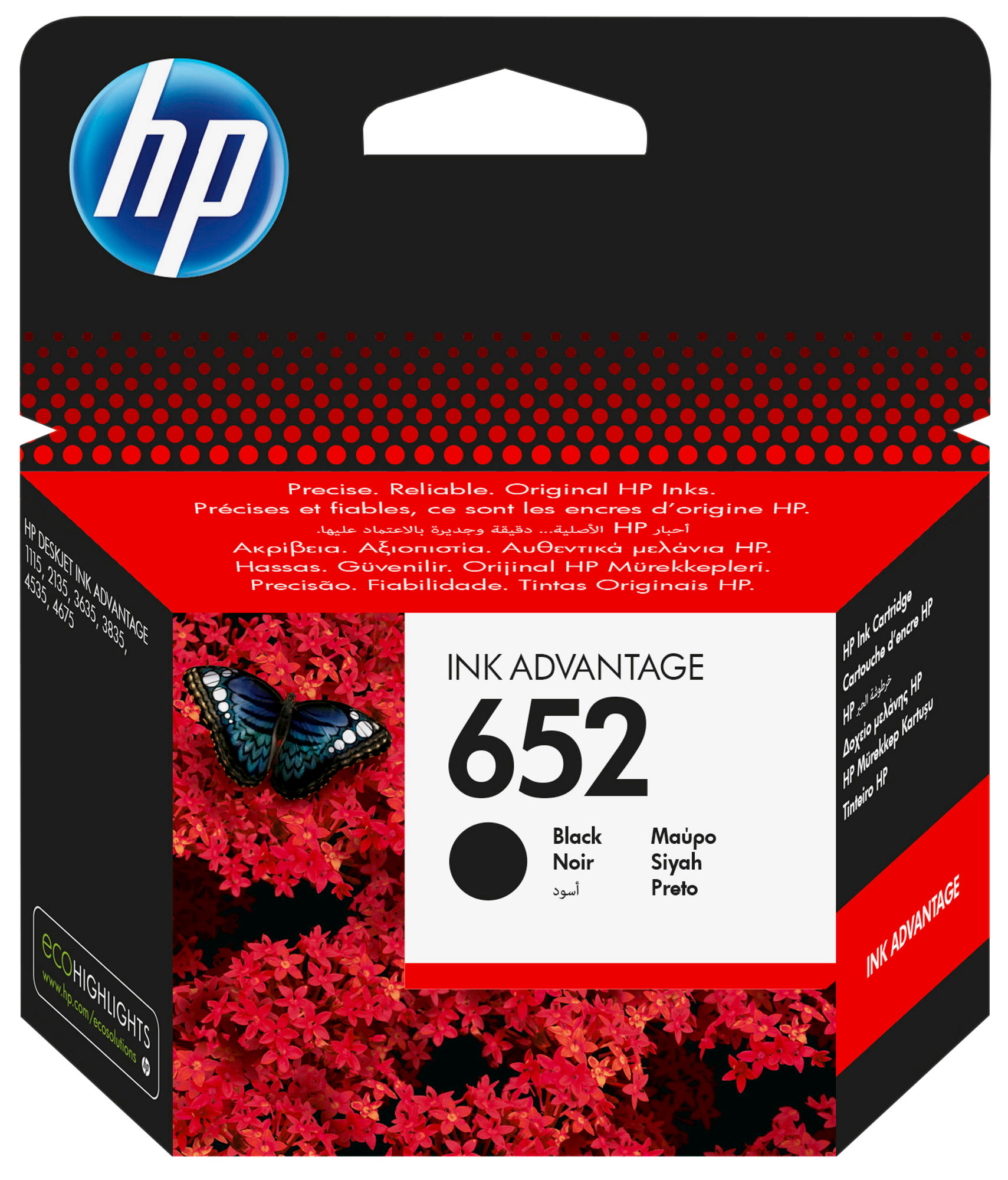 Pudełko z wkładem atramentowym z motylem na czerwonych kwiatach. Tekst w wielu językach, w tym 'Ink Advantage 652'.