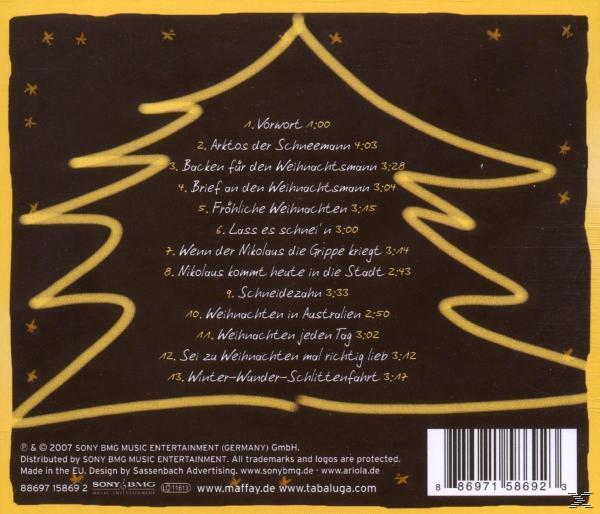 Weihnachtsalbum-Titelliste auf gelbem Hintergrund mit Weihnachtsbaumumriss.