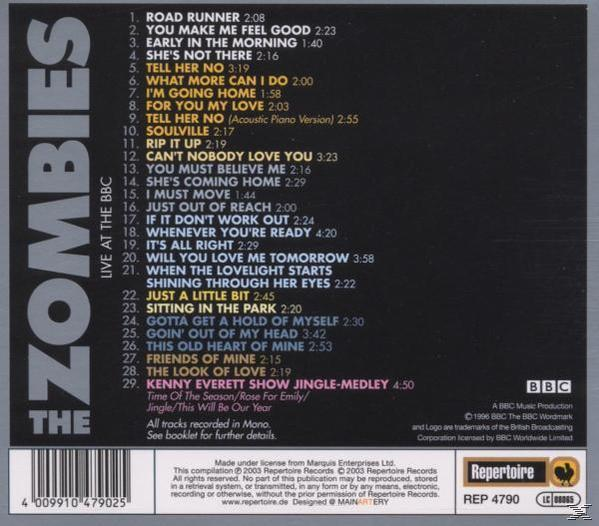 A The Zombies Live at the BBC CD hátlapja. Számlista és szerzői jogi információk.
