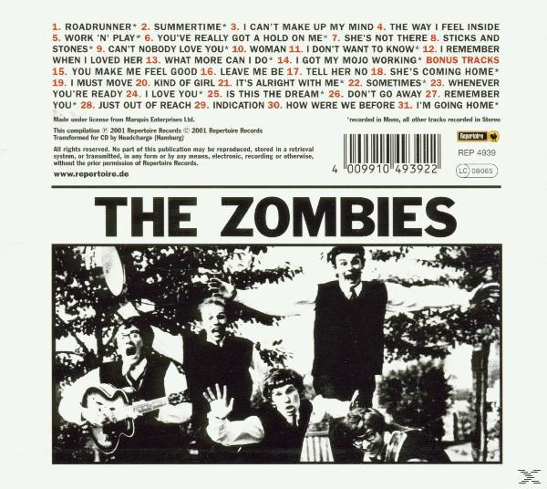 Album hátlapja a dalok listájával, és egy zenekar fotójával, amint hangszereken játszanak. A zenekar a The Zombies.
