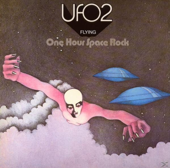 Illustration einer fliegenden Person mit Wolken und zwei UFOs. Weltraumhintergrund.