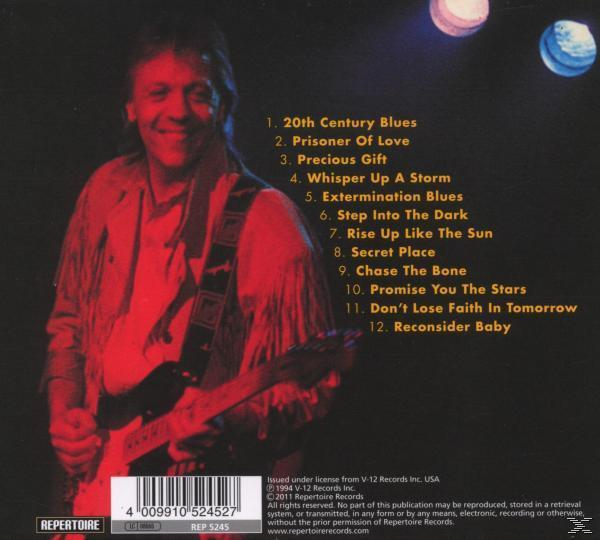 Rückseite des Albums. Mann mit Gitarre, Trackliste und Text auf blauem Hintergrund mit Sternenhimmel.