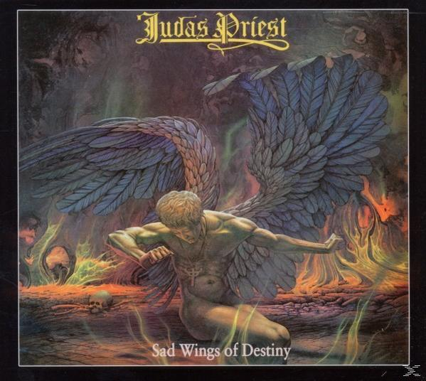 Judas Priest album borító: Szárnyas férfi térdel. Lángok a háttérben. Szöveg: Sad Wings of Destiny.