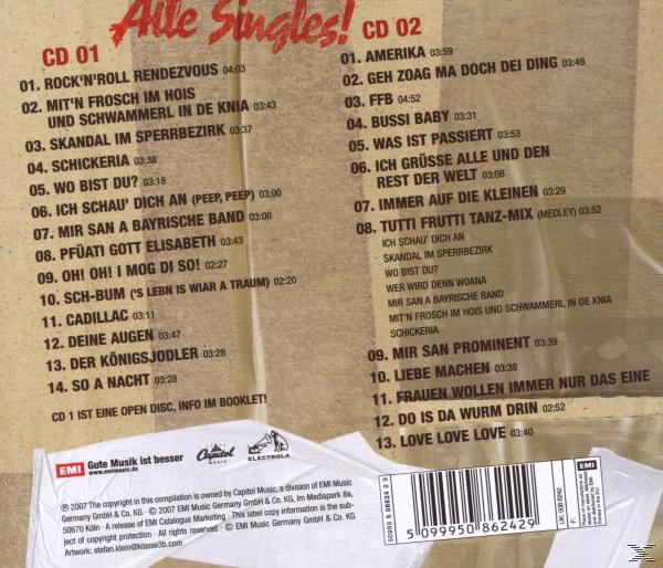 Album-Rückseite mit zwei Spalten mit Songs. Der Titel lautet Alle Singles! Es gibt ein Logo von EMI.