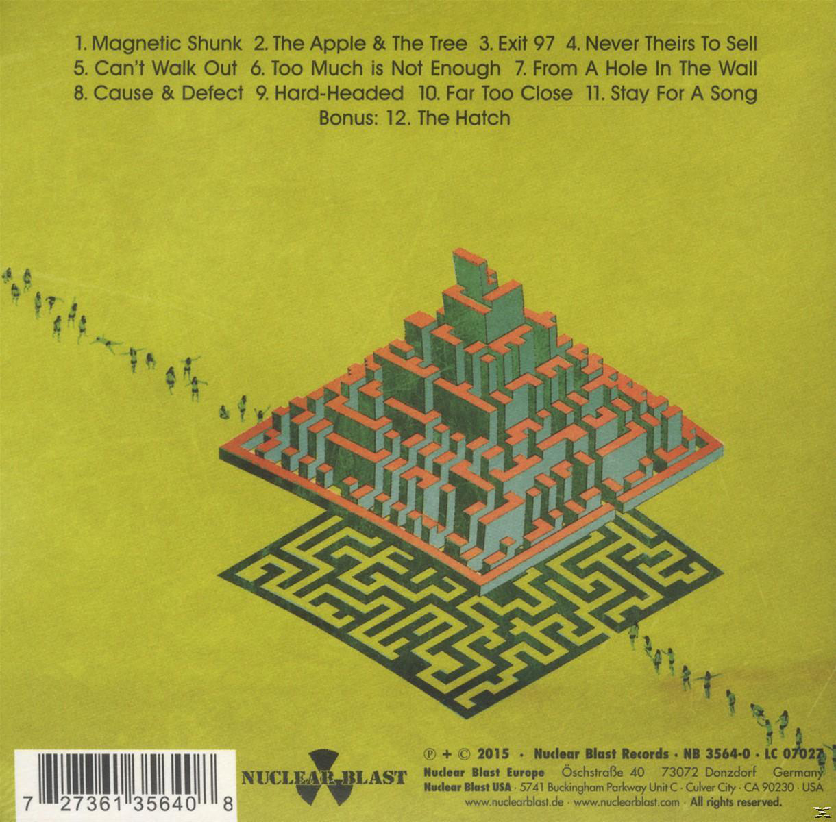 Rückseite eines Albums mit einem Labyrinth-Design und einer Liste von Titeln.