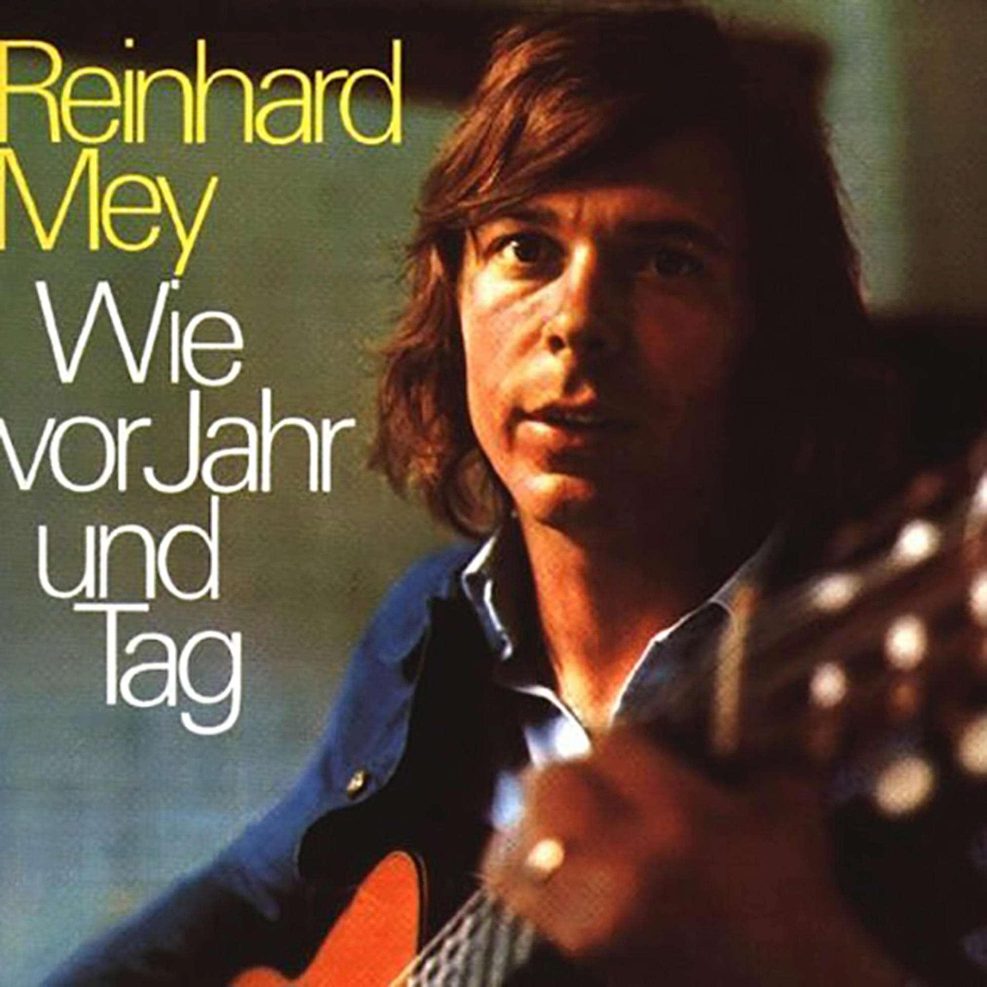 Albumcover von Reinhard Mey. Ein Mann spielt eine rote Gitarre. Der Text befindet sich oben links.