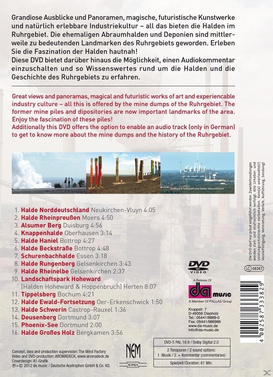DVD-Cover mit Text auf Deutsch und Englisch, Fotos von Kunstinstallationen und Kraftwerken und eine Liste der Halden.