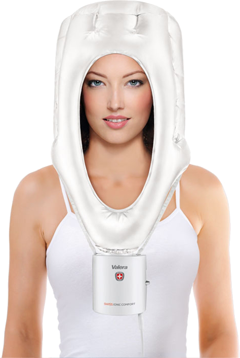 Frau mit weißer Haartrockenhaube, mit einem Gerät am Boden. Weißes Tanktop.