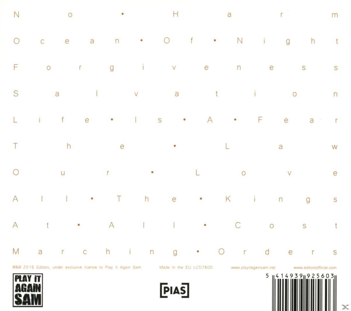Albumcover mit Textanordnung. Wörter sind unter anderem 'Ocean of Night', 'Forgiveness', 'Life is Fear', 'Love', 'All the Kings'.