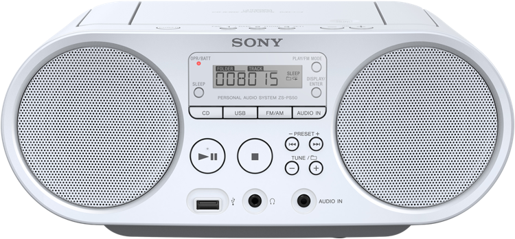 Sony személyi audiorendszer. Fehér készülék két hangszóróval, gombokkal és USB porttal.