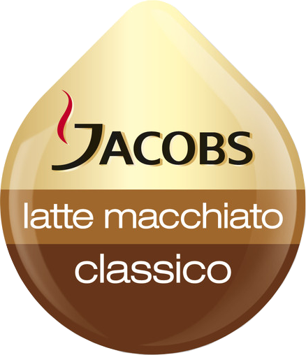 Ein Jacobs Latte Macchiato Classico Logo in Tropfenform, braun und goldfarben.