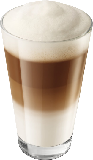 Ein geschichtetes Kaffeegetränk in einem Glas, mit weißem Schaum oben und einem Farbverlauf.