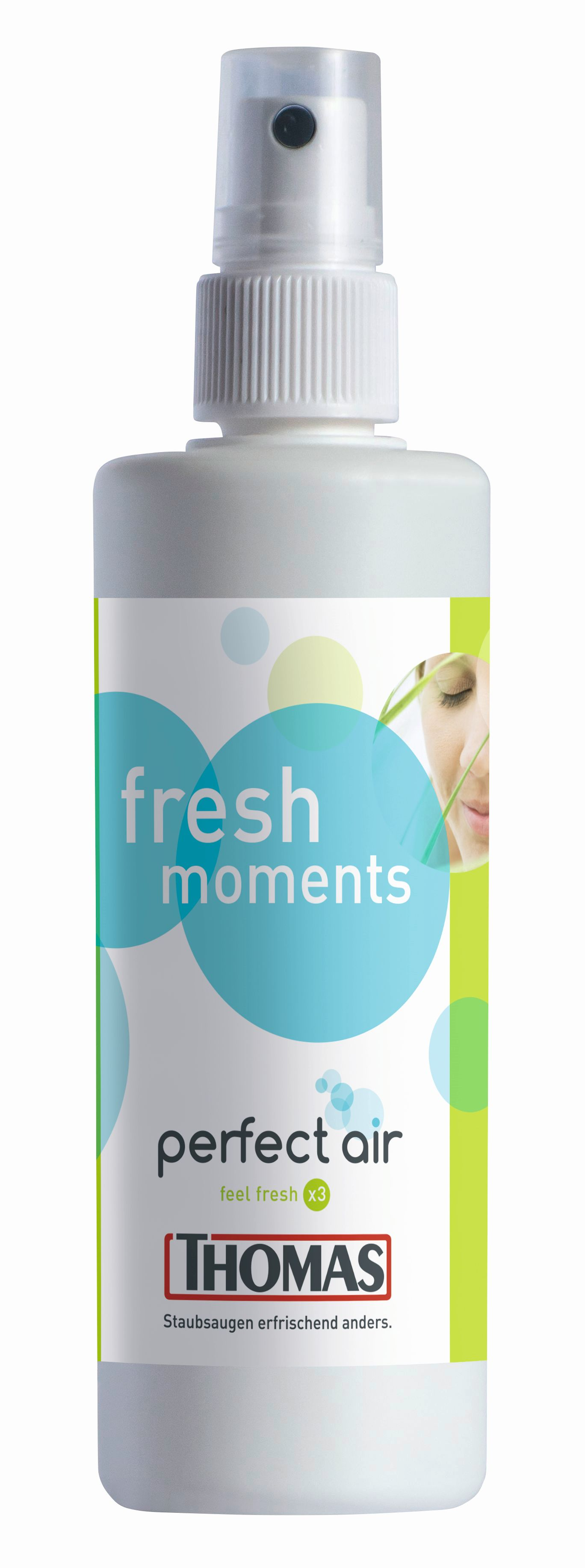 Weiße Lufterfrischerflasche mit blau-grünen Akzenten. Der Text lautet 'fresh moments' und 'perfect air'.