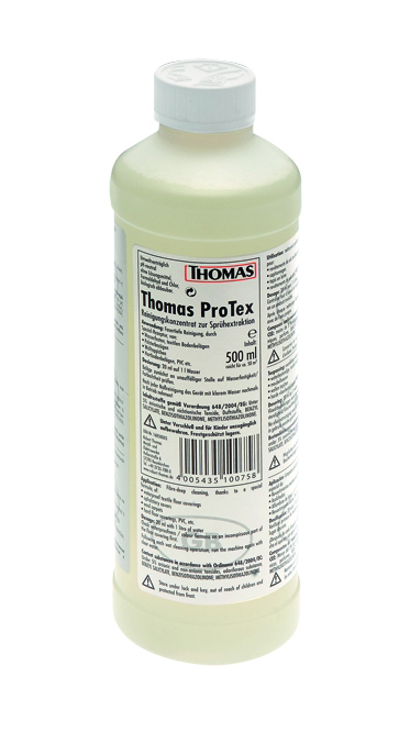 Eine weiße Flasche mit einer grünen Flüssigkeit, mit Text in mehreren Sprachen, einschließlich Thomas ProTex.