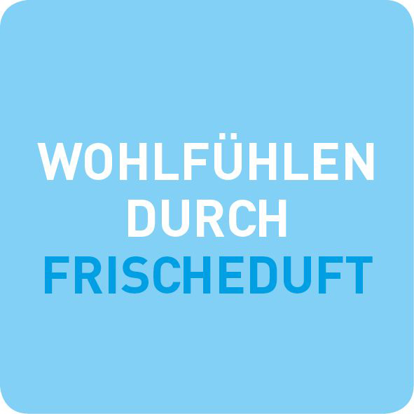 Blaues Quadrat mit weißem Text: WOHLFÜHLEN DURCH FRISCHEDUFT. Das Wort "FRISCHEDUFT" ist blau.