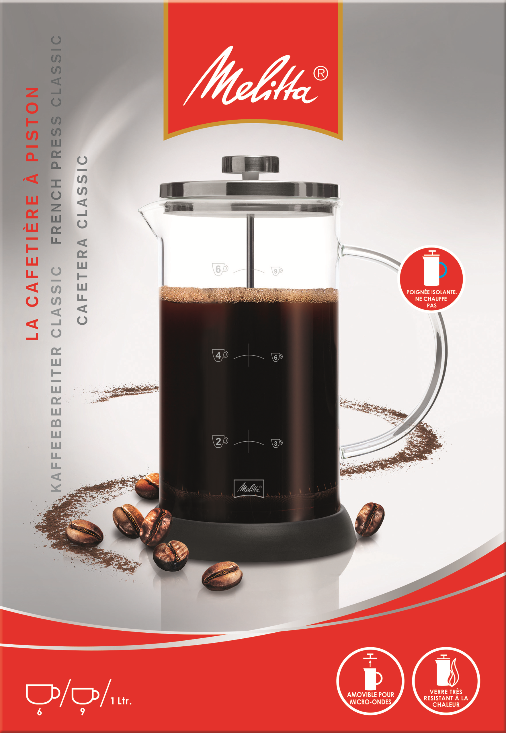 Een Melitta French press koffiezetapparaat met koffiebonen eromheen.