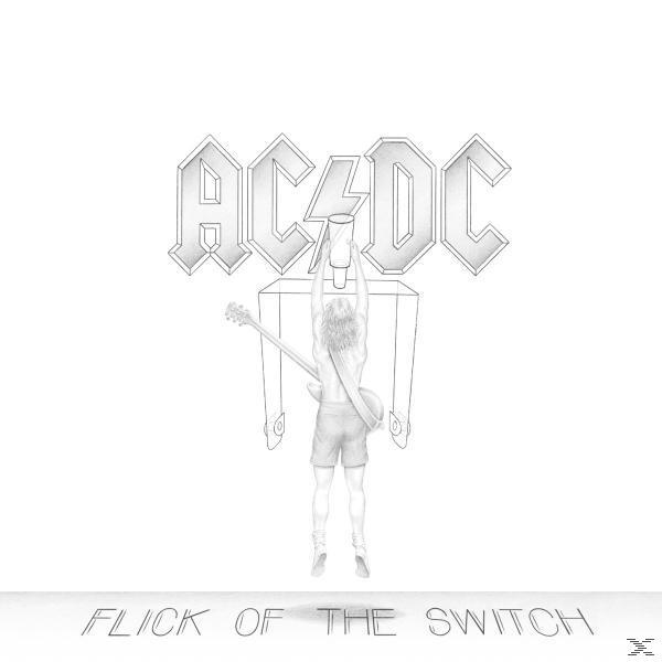 AC/DC Albumcover, schwarze Umrisse. Figur wirft etwas in ein Logo. Text: Flick of the switch.