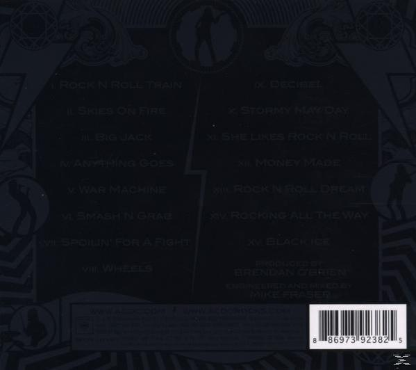 Rückseite eines Black Ice-Albumcovers mit Songtiteln, Blitz und Bandlogo.