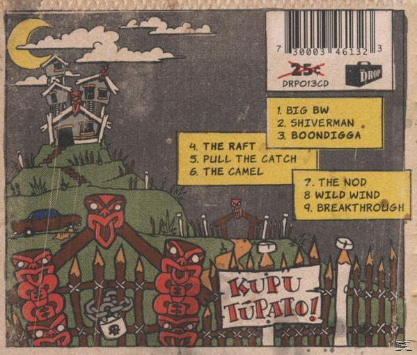 Cartoon-CD-Cover mit Zeichnungen, Häusern, Personen und Text. Braune, gelbe und rote Farben.