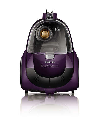 Mor Philips elektrik süpürgesi, önden görünüm, toz kabı görünüyor.