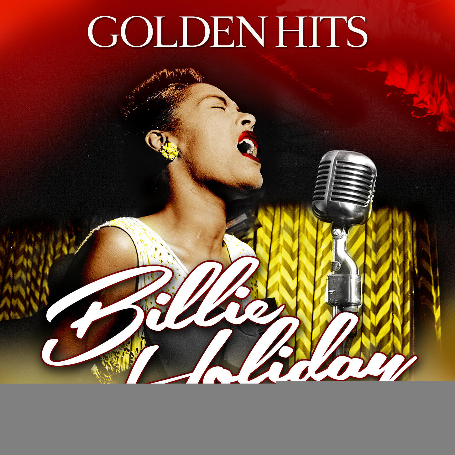 Albumcover mit Billie Holiday, die in ein Mikrofon singt, goldenen Hits oben und ihrem Namen unten.