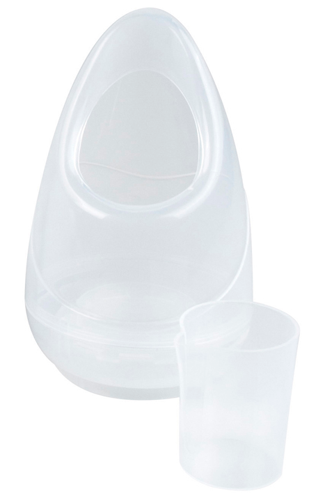 Transparante plastic urinaal en beker. De urinaal is druppelvormig. De beker is cilindrisch.