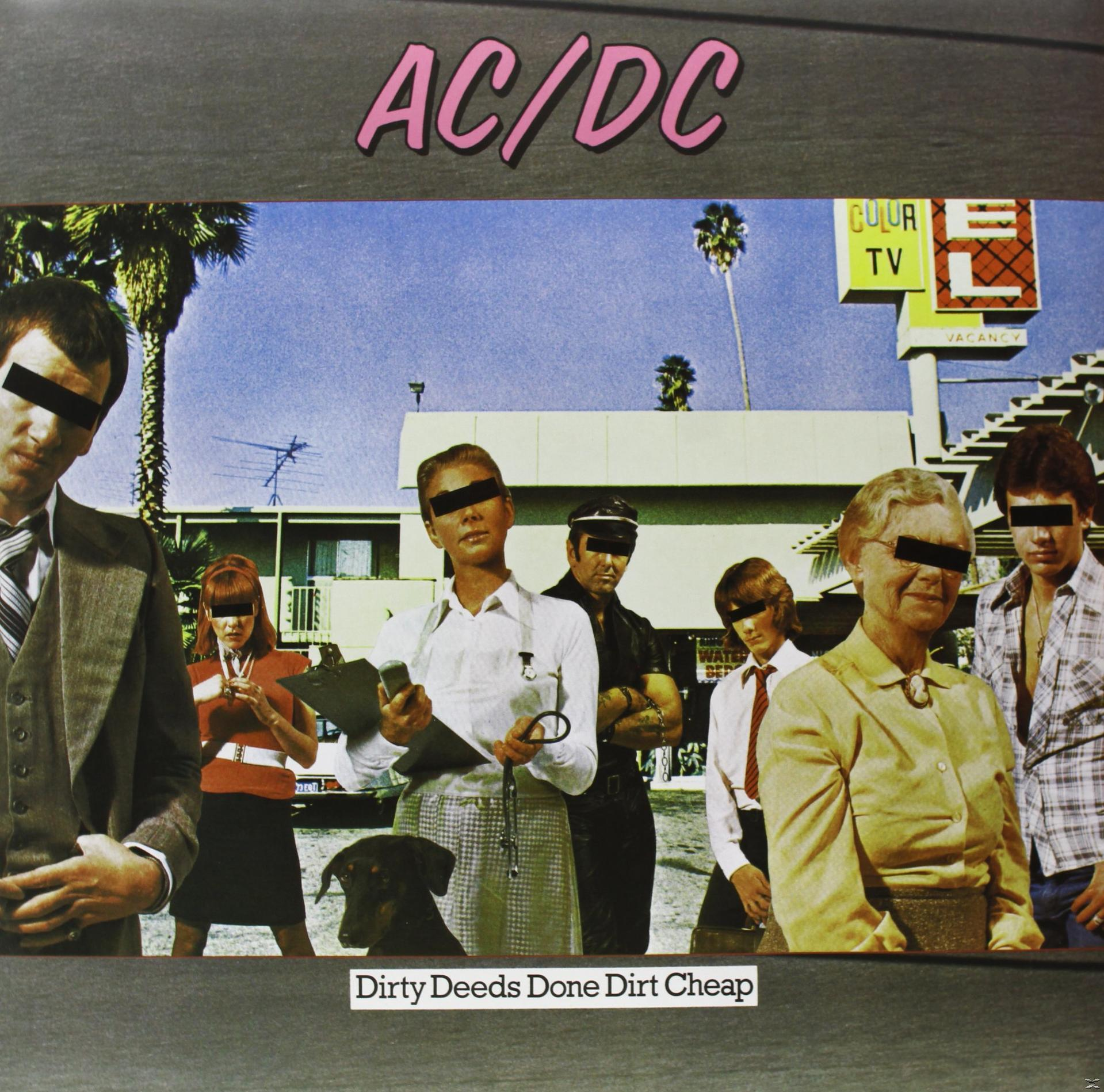 AC/DC Albumcover. Gruppe von Leuten mit schwarzen Balken über den Augen. 'Dirty Deeds Done Dirt Cheap'.