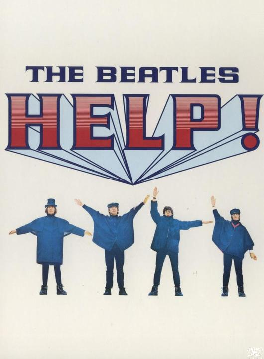 A Beatles 'Help!' című albumának borítója a zenekart ábrázolja felemelt karokkal, kék kabátokban.