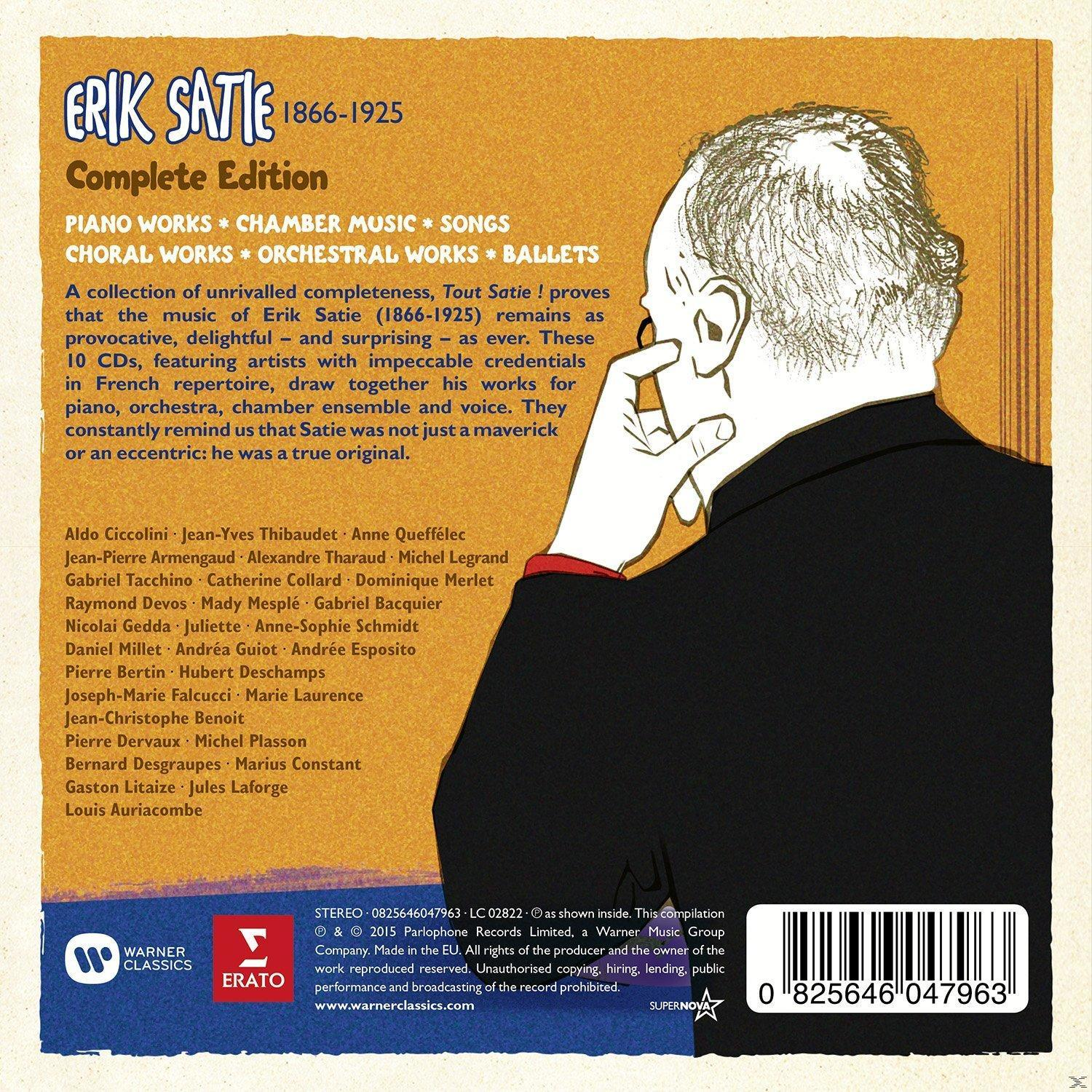 Album borító. Erik Satie, Complete Edition. Portré, szöveg és logók sárga háttéren. CD-információk alul.