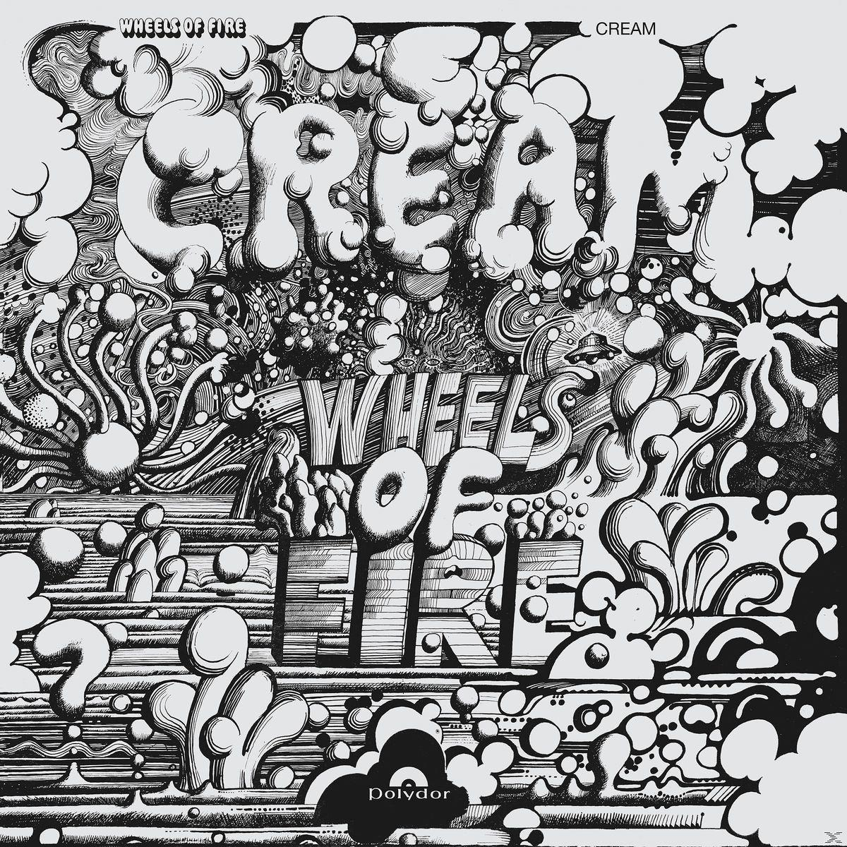Albumhoes met 'CREAM' en 'WHEELS OF FIRE' als hoofdtekst. Abstracte vormen en patronen vullen de ruimte.