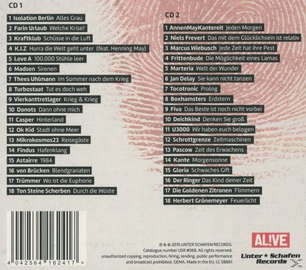 Rückseite einer CD-Hülle. Trackliste mit Text auf Deutsch. Weißer Hintergrund mit roten und braunen Elementen.
