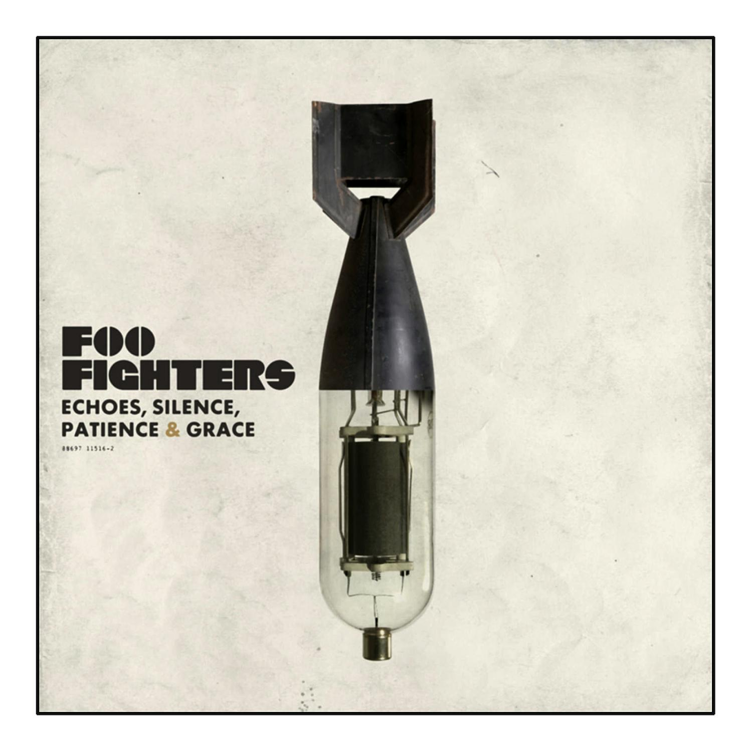 Foo Fighters Albumcover. Ein bombenförmiges Objekt mit einer Glasröhre in der Mitte, auf weißem Hintergrund.